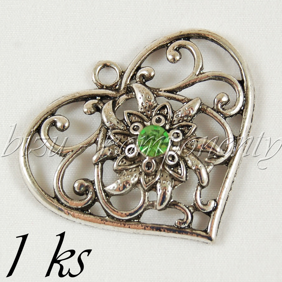 Srdce se zeleným šatonem, stříbrná barva (02 0949)