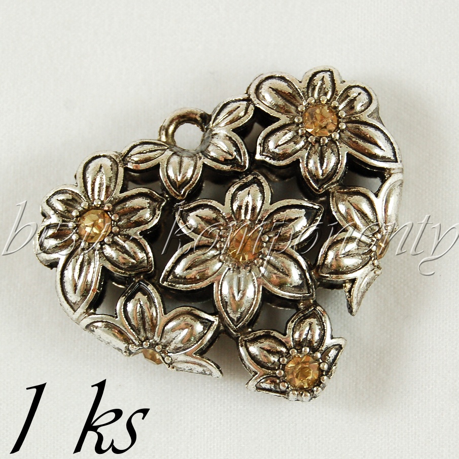 Rozkvetlé 3D srdce se světlými šatony , stříbrná barva (02 1014)