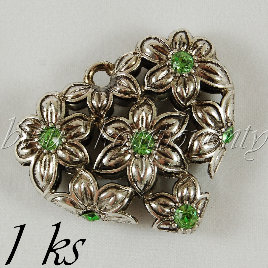 Zelené rozkvetlé 3D srdce, stříbrná barva (02 0083)