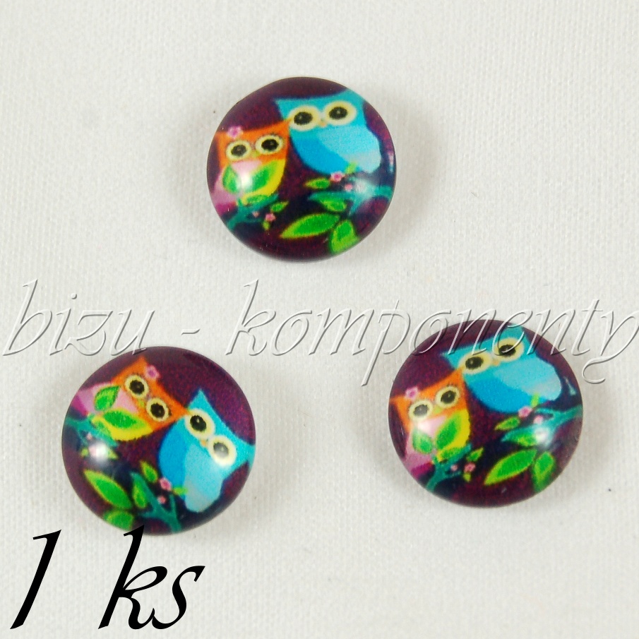 Skleněný kabošon dvě sovičky na listnatém stromě (35 2090)