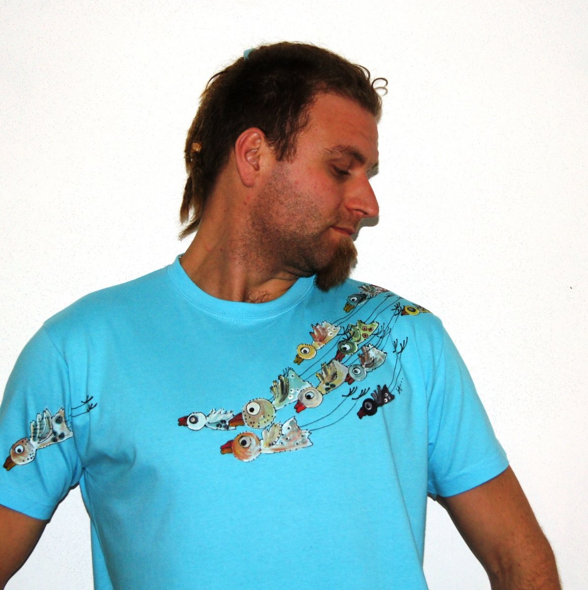 Modré malované tričko - ptačí rej