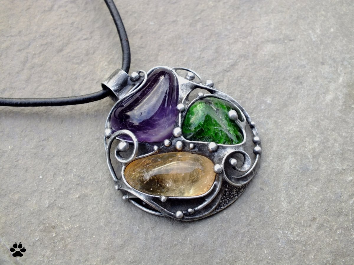 Tříbarevný náhrdelník-chromdiopsid,citrín,ametyst