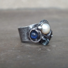 Poseidón - prsten s perlou,akvamarínem,kyanitem
