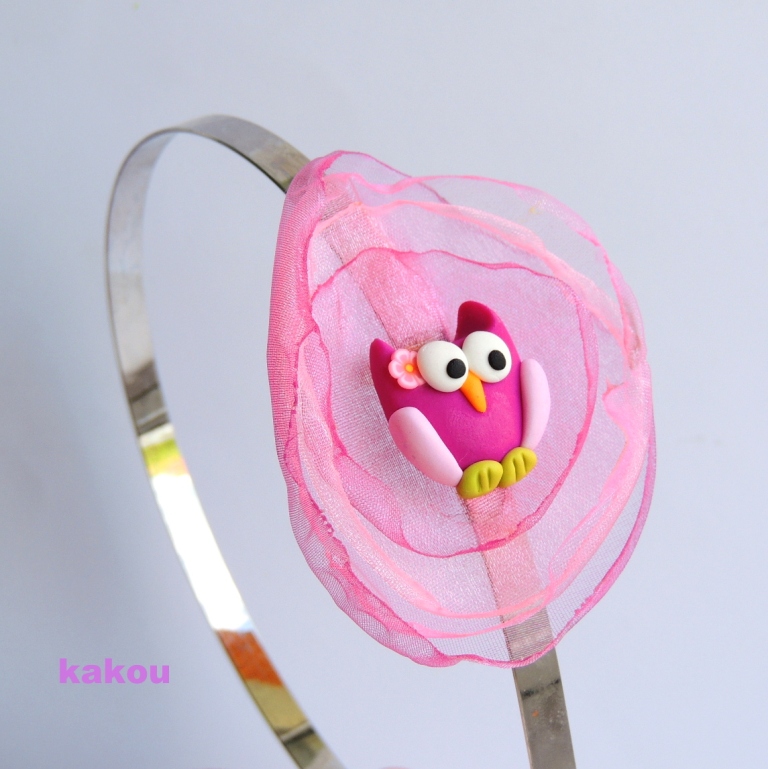 čelenka do vlasů s organzou - sovička růžová