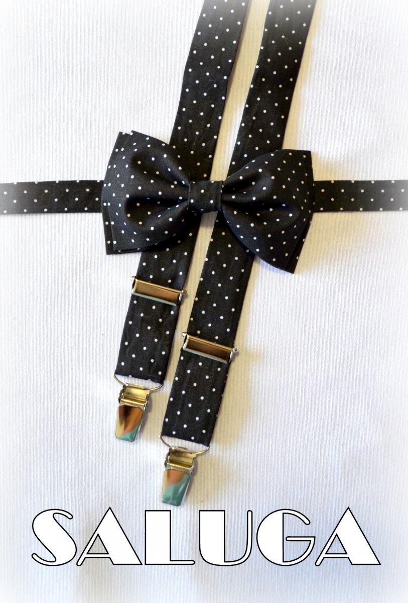 Pánský set motýlek + šle černý na bílé tečky