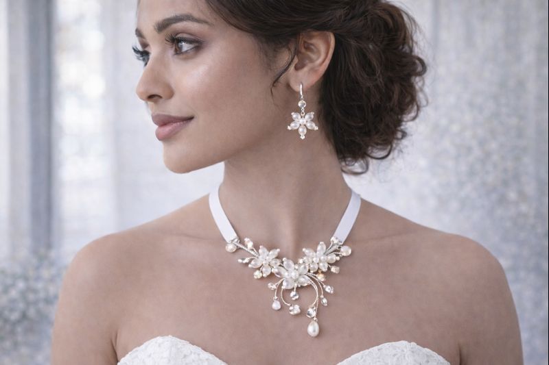 Ručně vyráběný perlový náhrdelník s náušnicemi – svatební květinový set