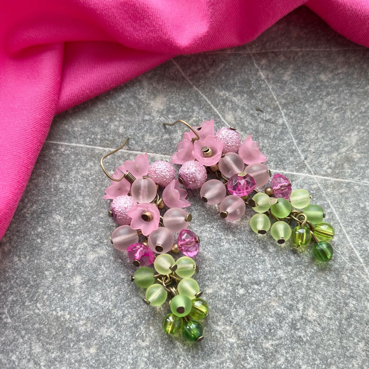 Náušnice zeleno-růžové hrozny