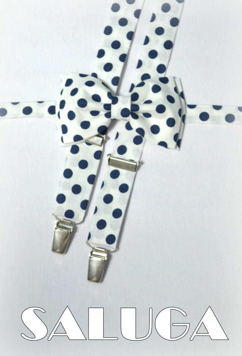 Bílý set na modre kulky puntíky motýlek + šle