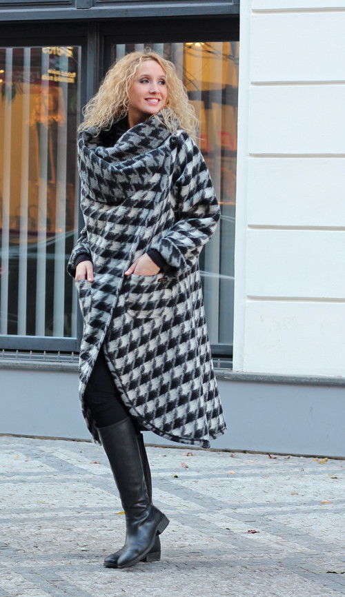 Vlněný dlouhý kardigan- kohoutí stopa