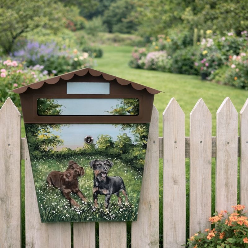 Ručně malovaná poštovní schránka – psi v zahradě