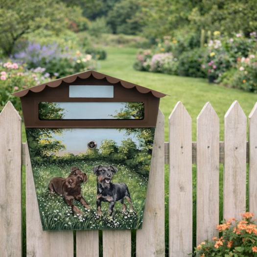 Ručně malovaná poštovní schránka – psi v zahradě