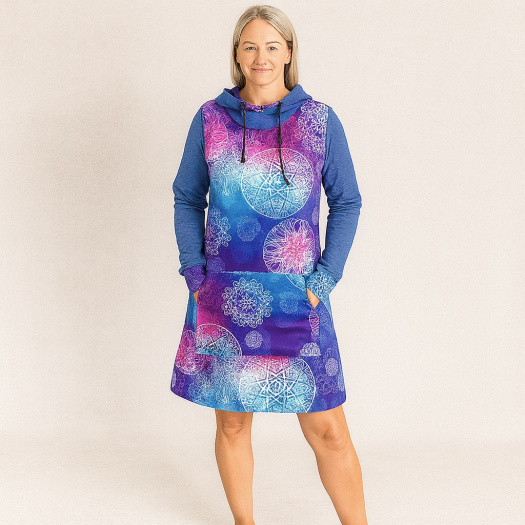 Mikinové šaty s kapucí - modro-fialové mandaly (teplákovina)
