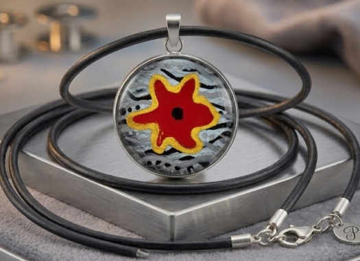 Ručně malovaný skleněný náhrdelník- červená hvězda v grafitu