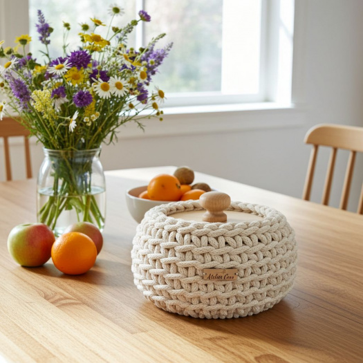 Háčkovaný košík s poklopem malý ecru