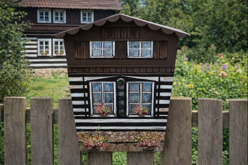 Ručně malovaná poštovní schránka – venkovský domek s květy