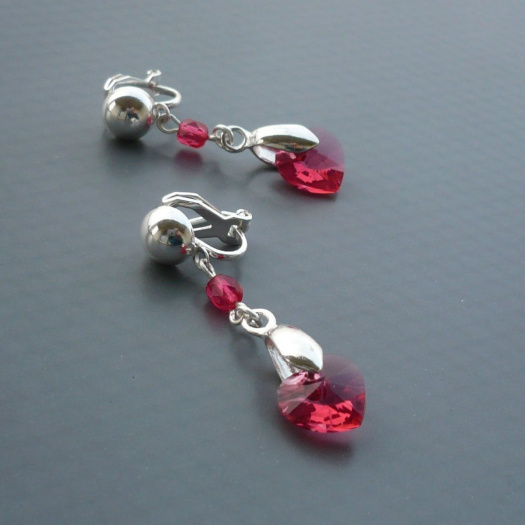 Indian pink Swarovski srdce - klipsové náušnice