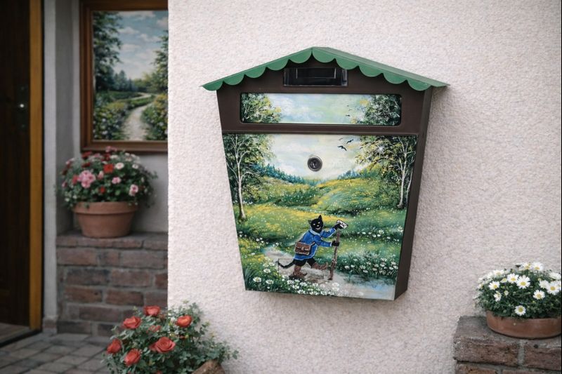 Ručně malovaná poštovní schránka s kocourem Mikešem
