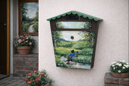 Ručně malovaná poštovní schránka s kocourem Mikešem