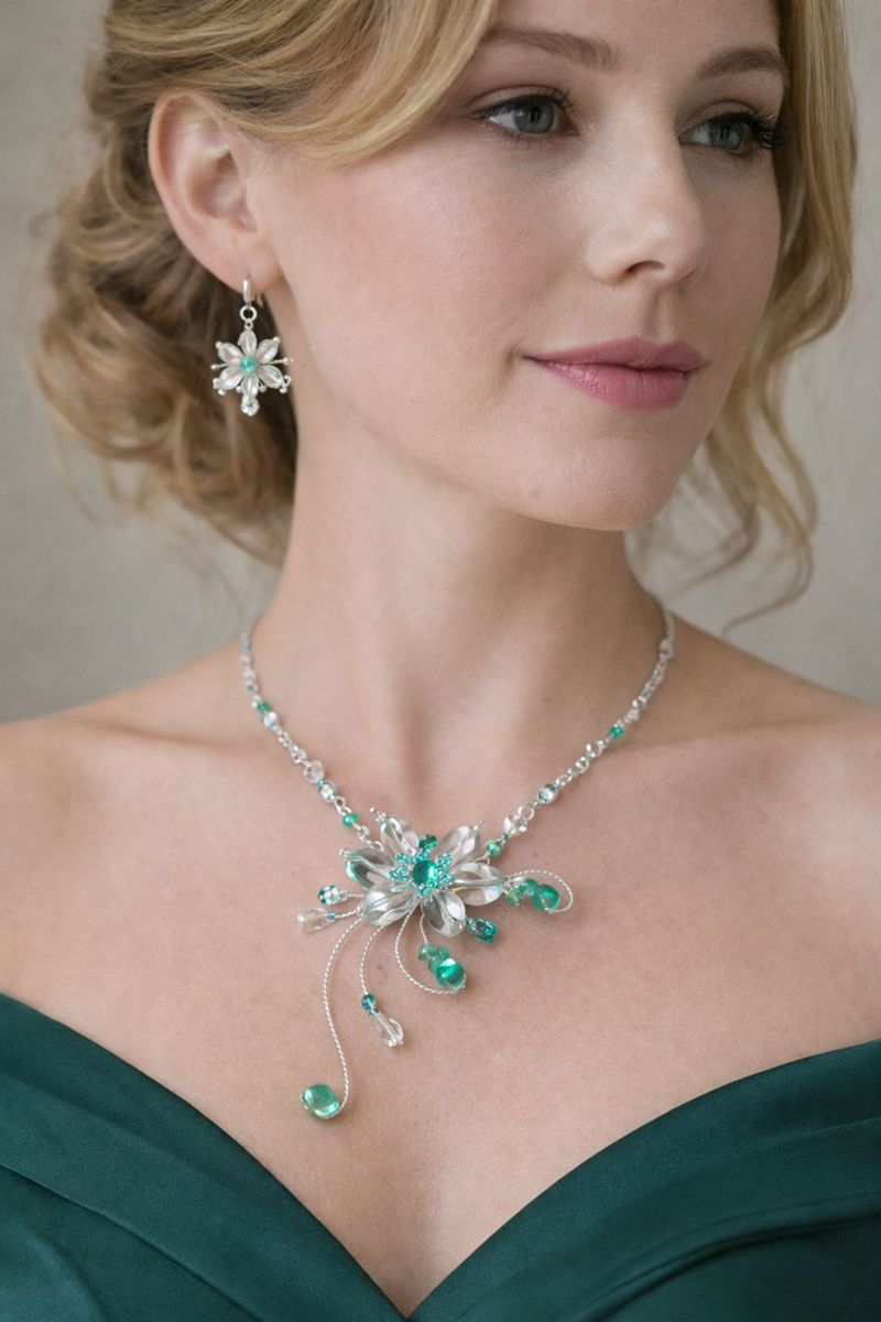 Elegantní květinový šperkový set – náhrdelník a náušnice v tyrkysových(mint) tónech