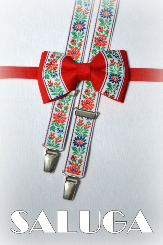 Pánský set motýlek + šle folkový folklorní červený