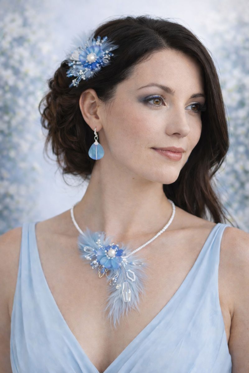 Ručně vyráběný květinový náhrdelník v modro-bílé kombinaci s peřím