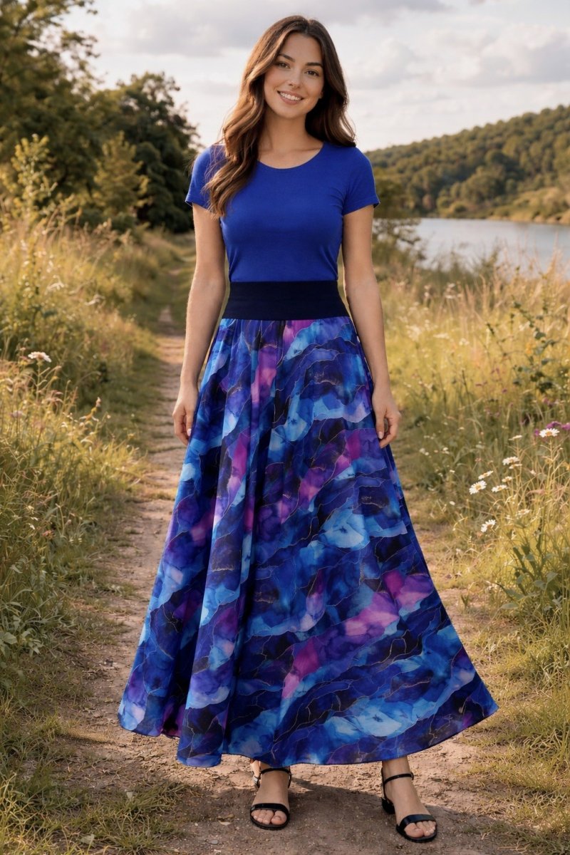 Dlouhá půlkolová sukně - modrofialový mramor