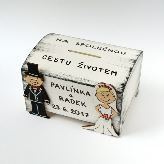 Svatební pokladnička s novomanželi střední - bílá s patinou