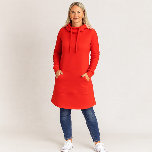 Mikinové šaty s kapucí - barva červená (teplákovina)
