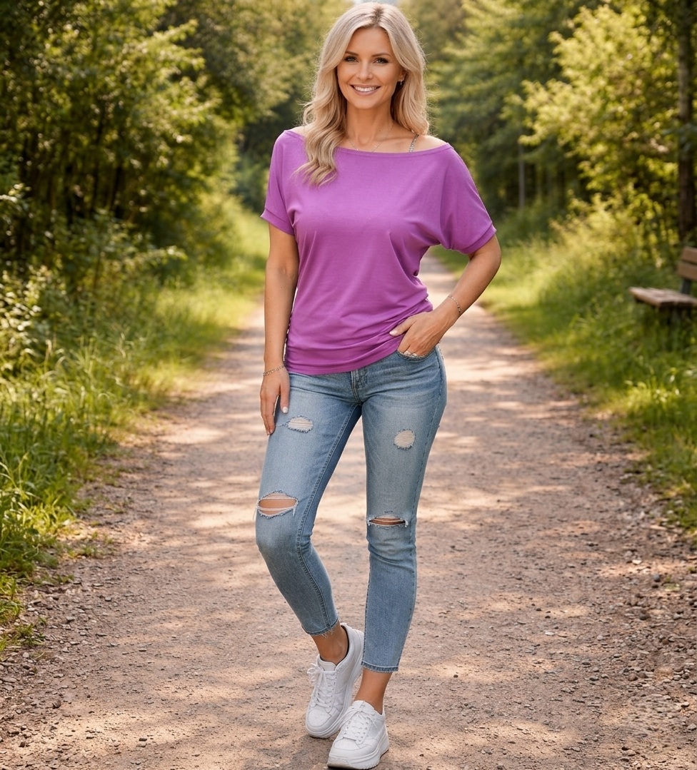 Tričko s širokým lodičkovým výstřihem - fialovo-růžová barva (viskóza) 