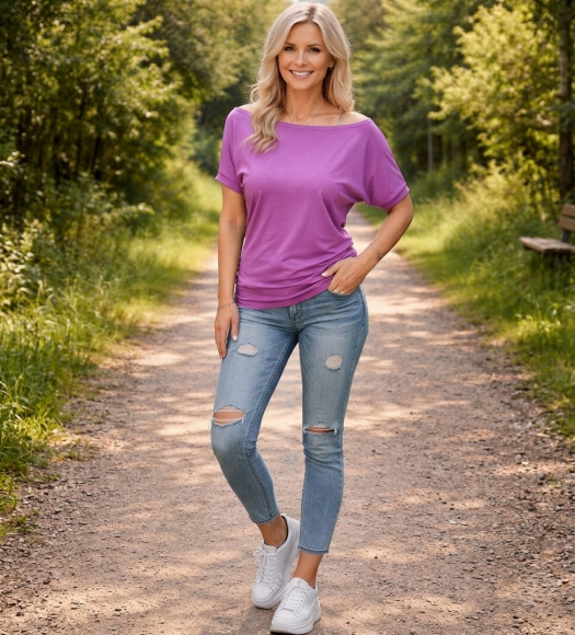 Tričko s širokým lodičkovým výstřihem - fialovo-růžová barva (viskóza) 