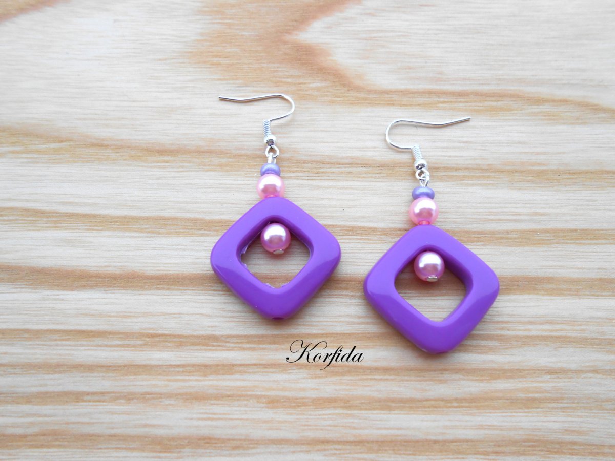 Náušnice čtverečky fialové + růžová (17/17)
