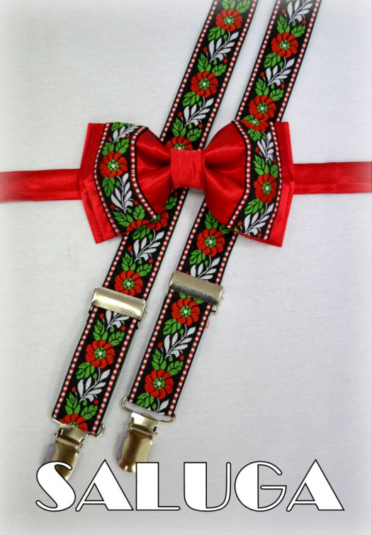 Pánský set motýlek + šle folkový folklorní červený
