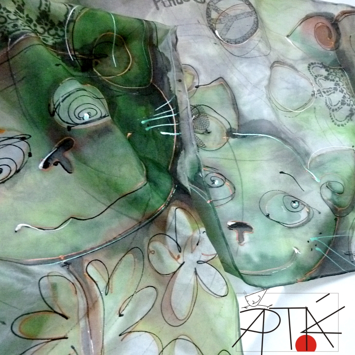 Hedvábný šál, "koCOUři", 28x 130 cm