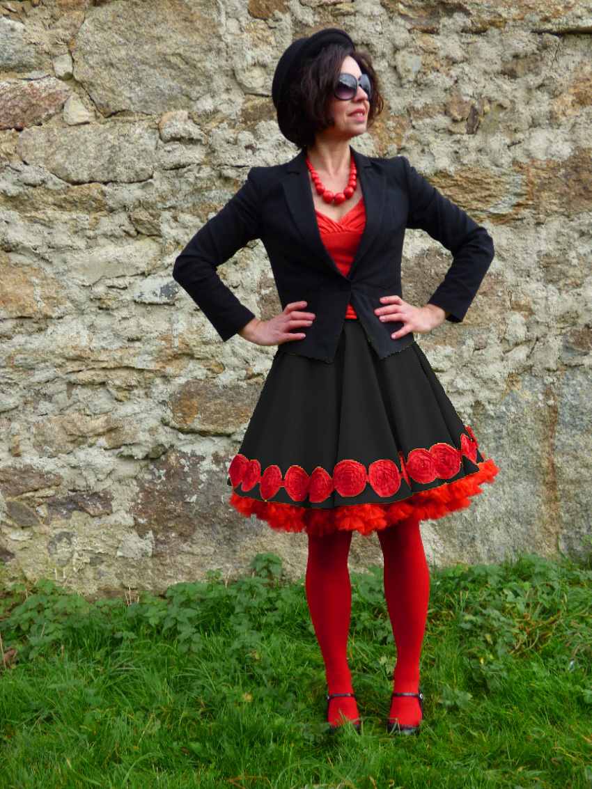 FuFu sukně černá s lemem1 a s červenou spodničkou