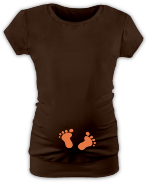 těhotenské TRIČKO tm.hnědé s výšivkou NOŽIČKY, oranžová
