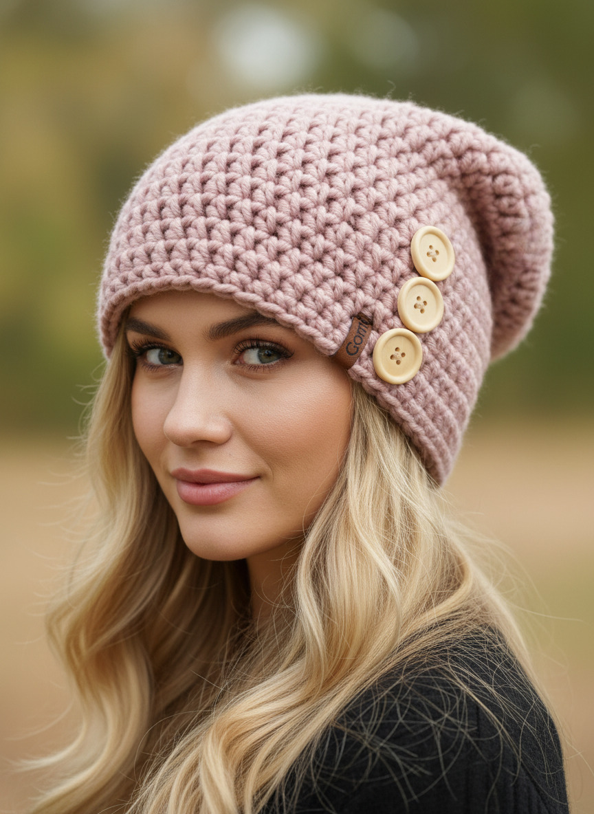 Háčkovaná čepice - houmeles s knoflíky 