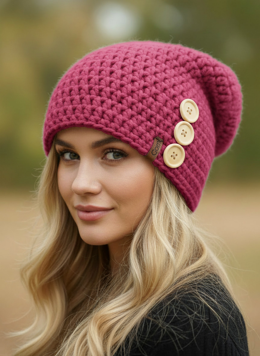 Háčkovaná čepice - houmeles s knoflíky 