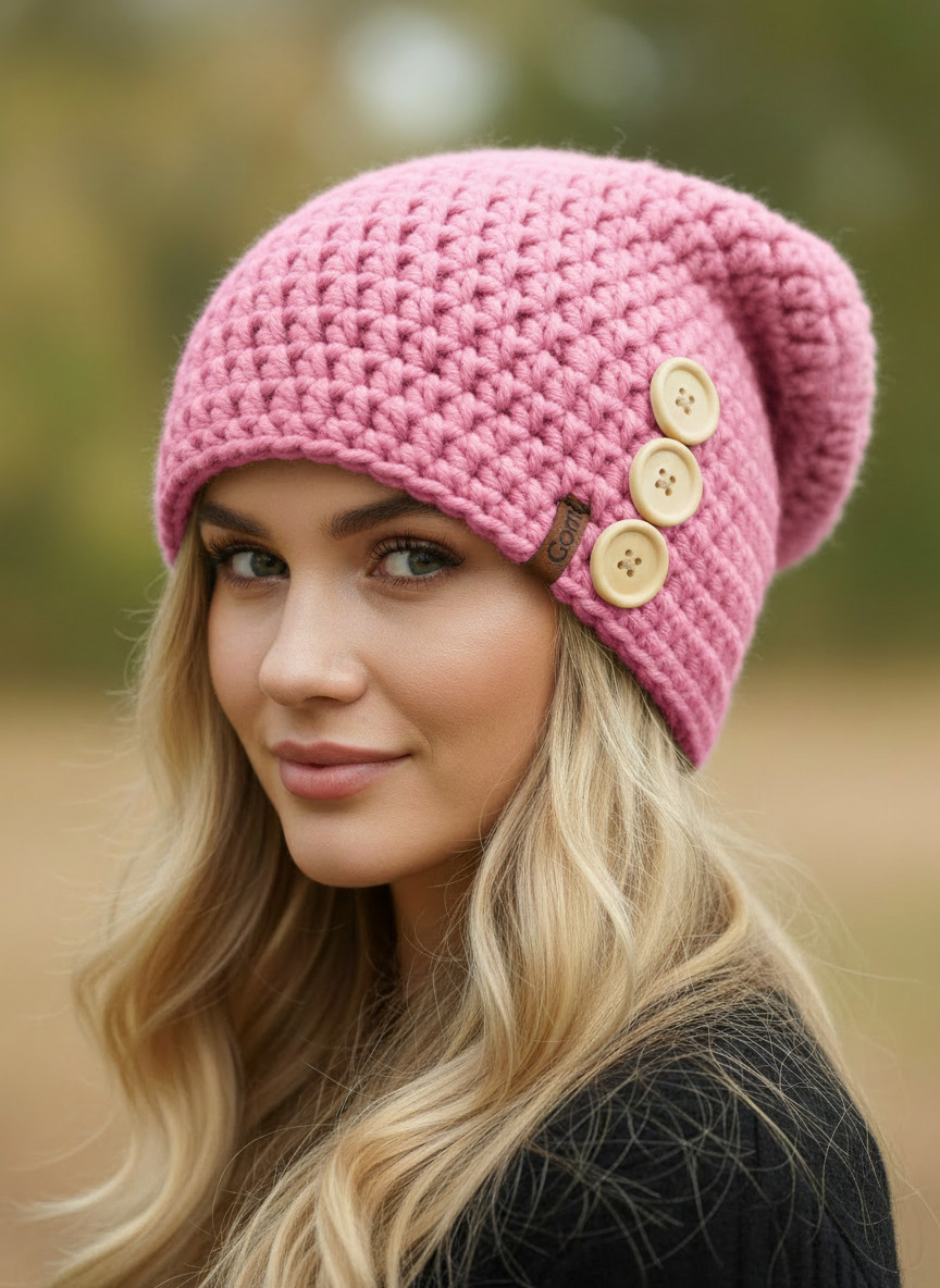 Háčkovaná čepice - houmeles s knoflíky 