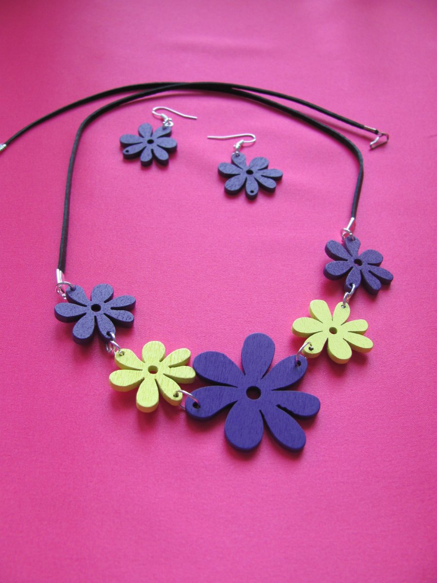 Dřevěné kvítky fialovožluté - sada