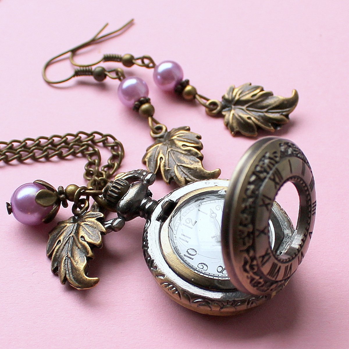 Bronzové hodinky s lístkem - souprava