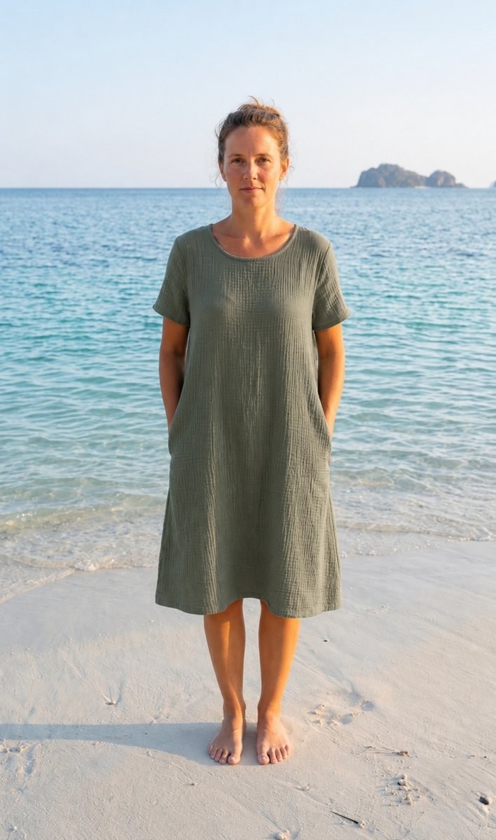Mušelínové šaty do áčka - barva khaki, velikost S - SLEVA 20%
