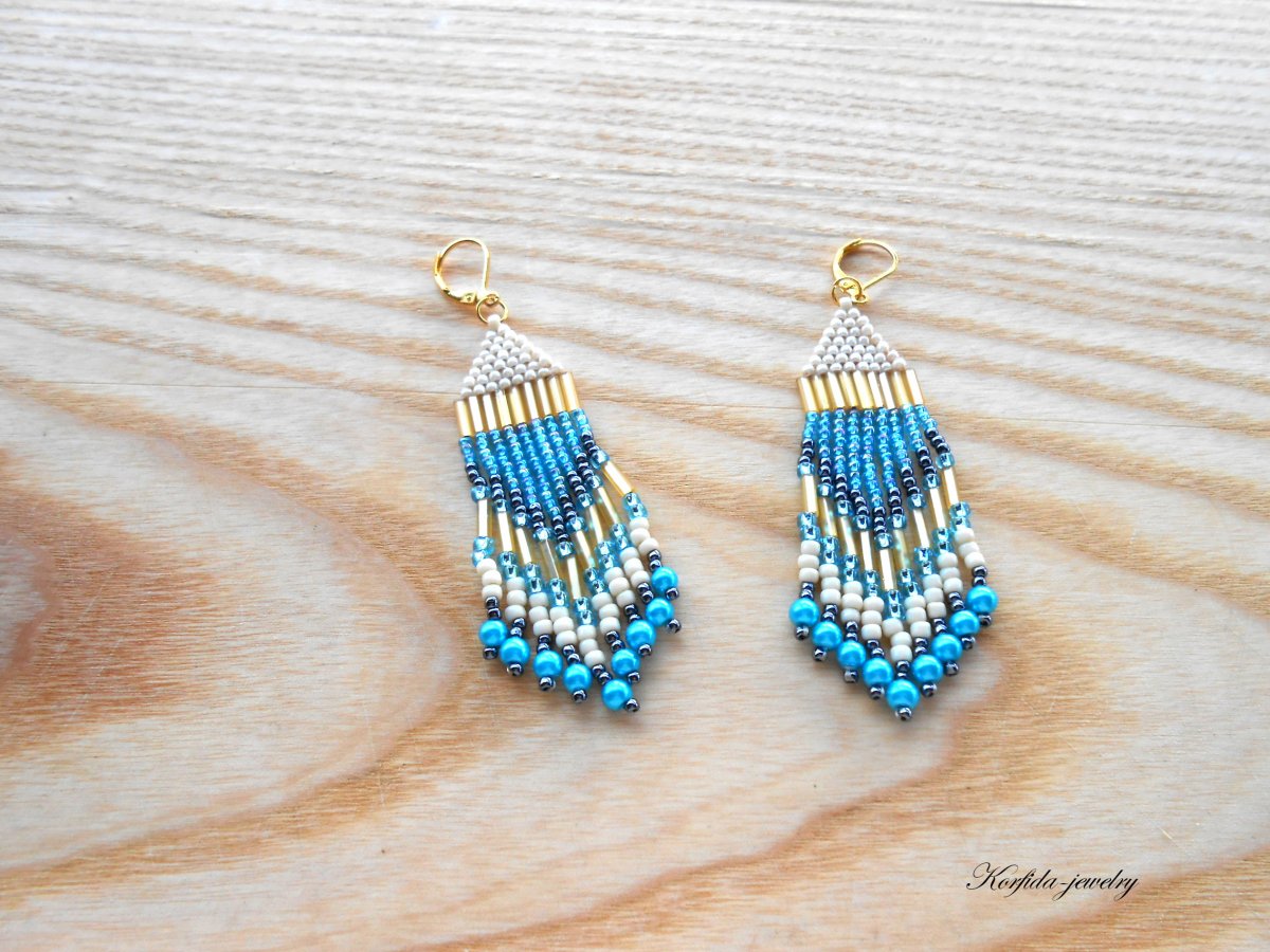 Náušnice šité tyrkysová + béžová + šedá (135/17)