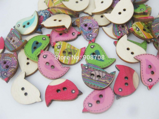Dřevěný knoflík ptáček 34 x 23 mm (5ks) - mix