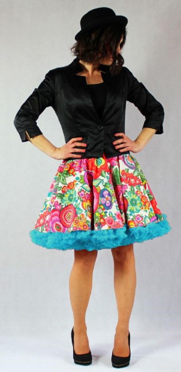 FuFu sukně květovaná1 s tyrkysovou spodničkou