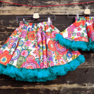 FuFu sukně pro maminku a dceru - květy s tyrkysovou spodničkou