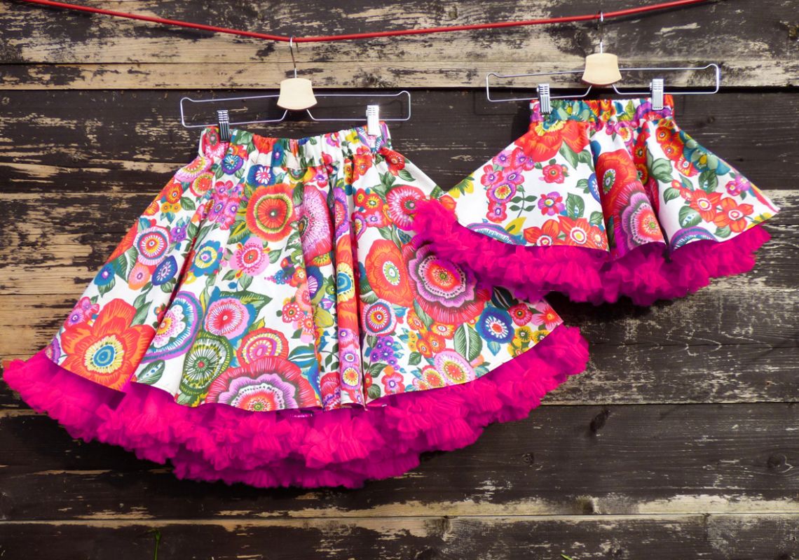 FuFu sukně pro maminku a dceru - květy s pink spodničkou