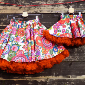 FuFu sukně pro maminku a dceru - květy s oranžovou spodničkou
