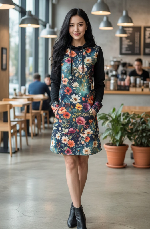 Dámská mikino-tunika s kapucí - zahrada (teplákovina)