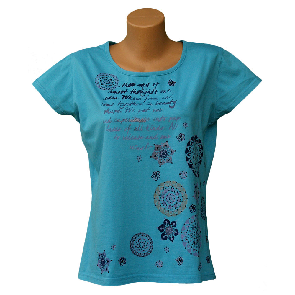Dámské tyrkysové tričko s fialovým textem