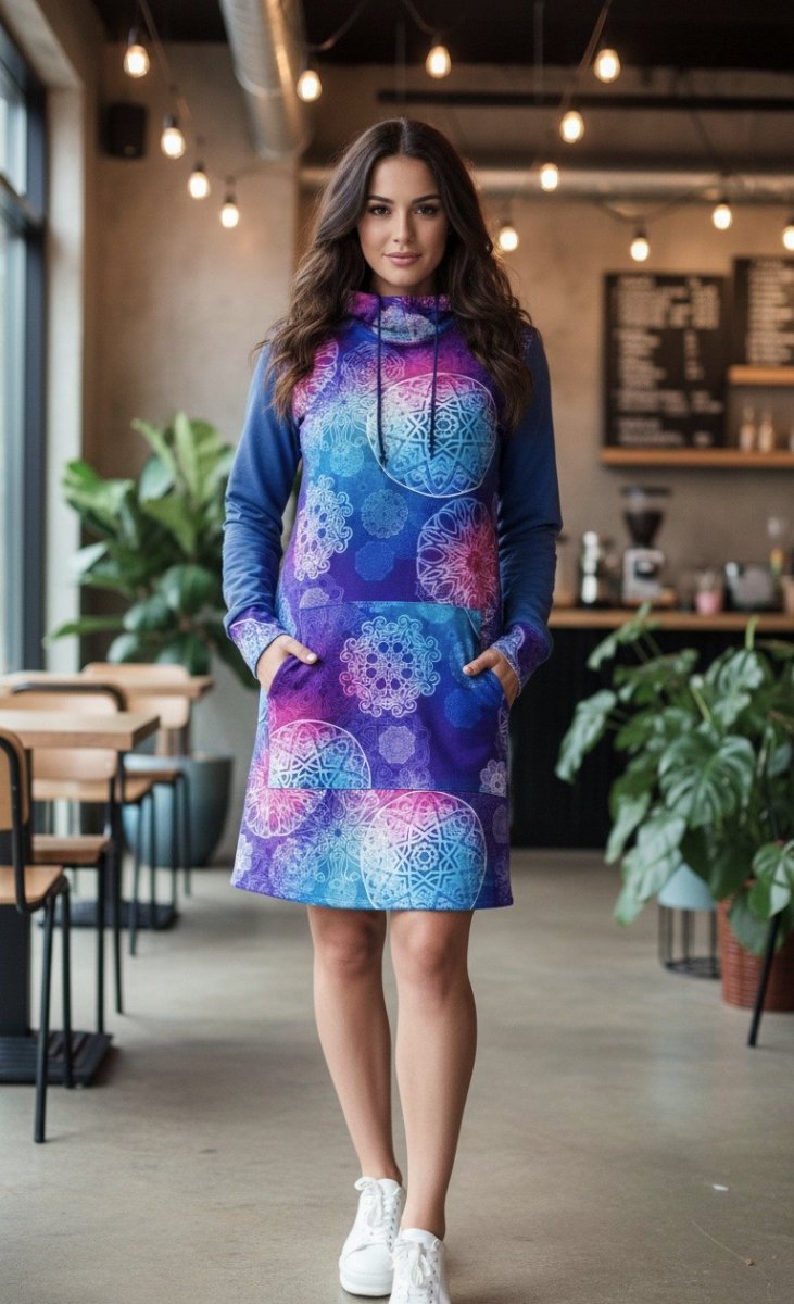 Dámská mikino-tunika s kapucí - modro-fialové mandaly (teplákovina)